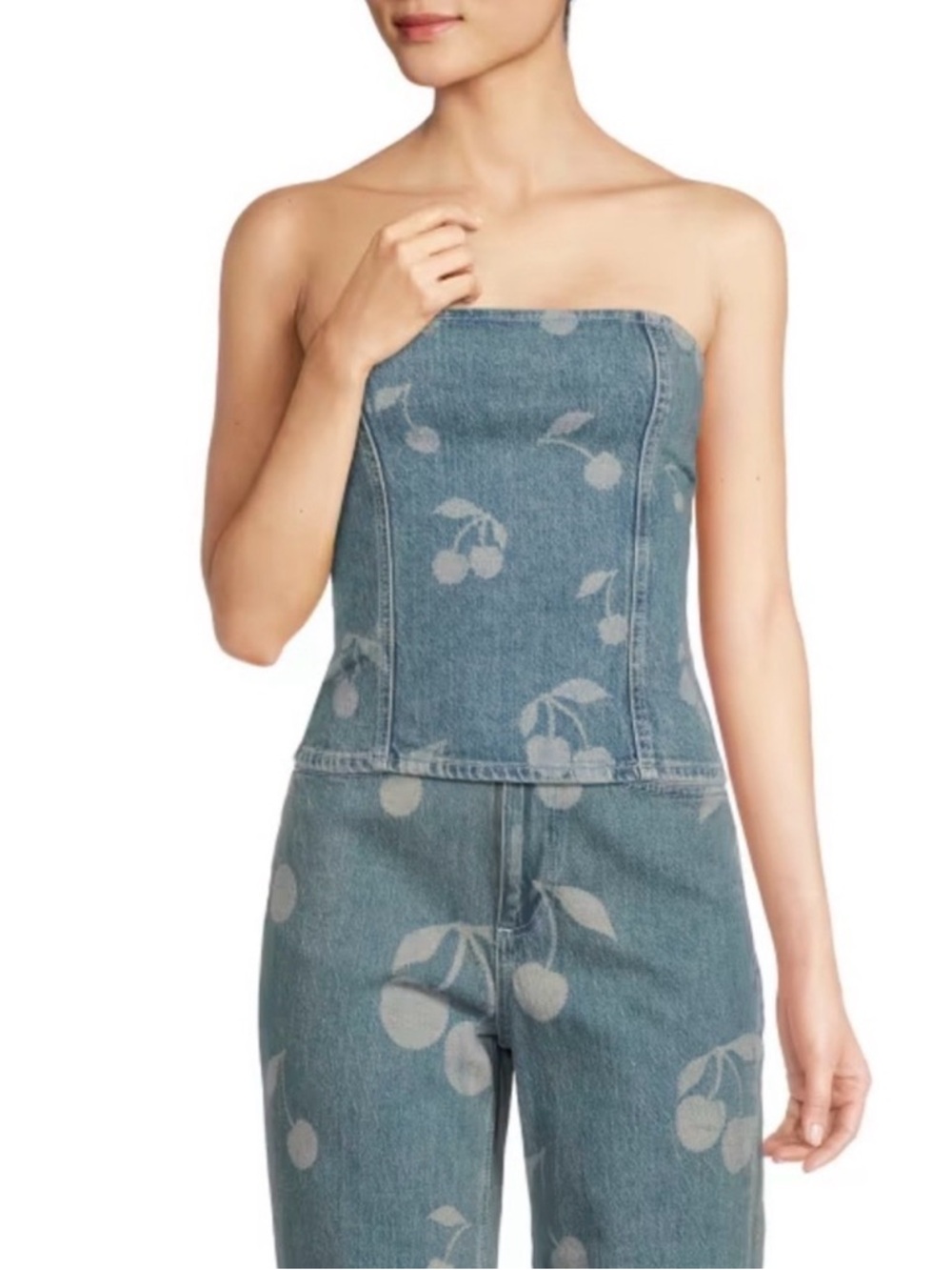 Vero Moda Cherry Print Denim Strapless Tube Top Y2K Indie Festival S